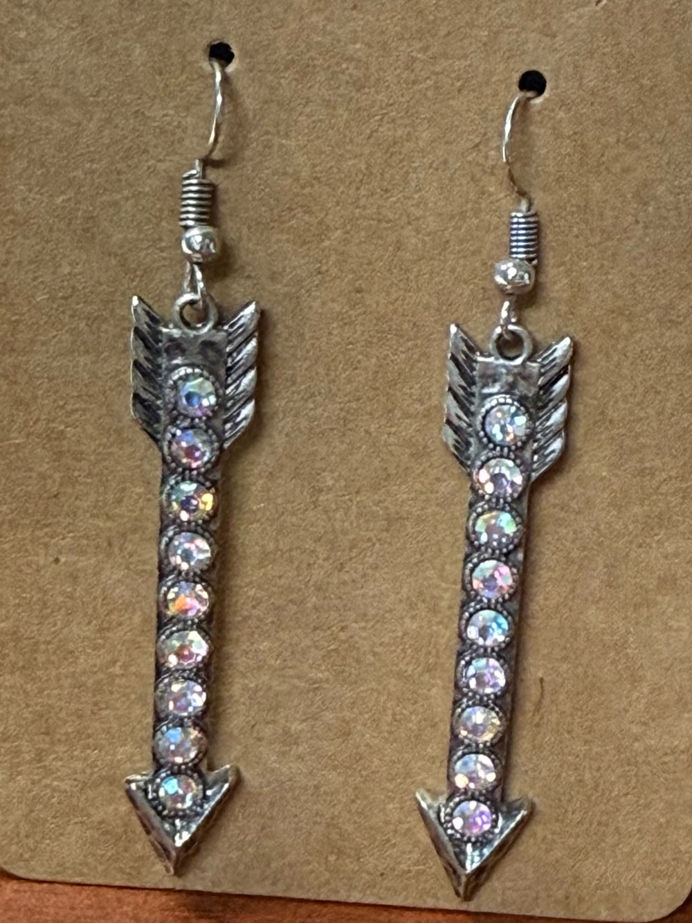 Silver Plated Dangle Arrow Earrings with Iridescent Rhinestones